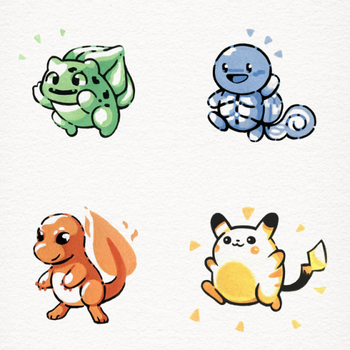 crapmachine: pokemon starters in gouachebased on the r/b/g sprites