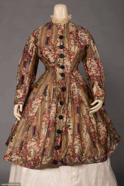 SILK GAUZE BODICE WITH POLONAISE, 1870sPolonaise silk gauze bodice printed in multi-colored floral &