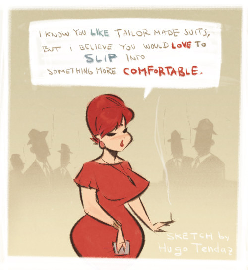 Mad Men - Joan Holloway - Slip - Cartoony PinUp SketchRed-y or not… here I come :DQuick sketch inspired by this show and sexy, curvy Christina Hendricks as Joan Holloway. Goddamn, that woman’s so drawable :)  Newgrounds Twitter DeviantArt