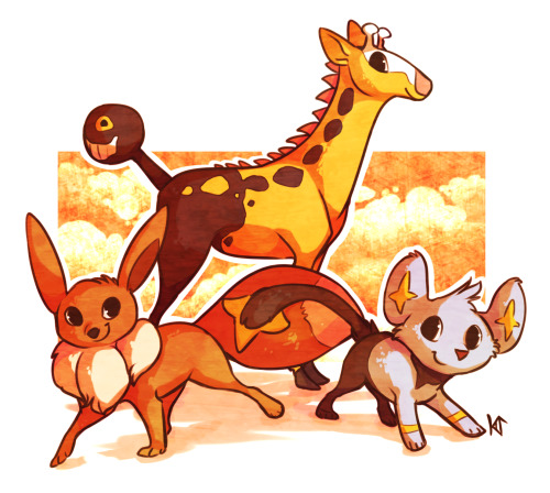 norisus:  Started a new game on PMD Explorers of Sky recently, so I wanted to draw my team– Team Tempus! 8D  My team primarily consists of Vesper the Eevee and my partner, Mico the Shinx. Bailey the Girafarig is a common accomplice on many dungeon