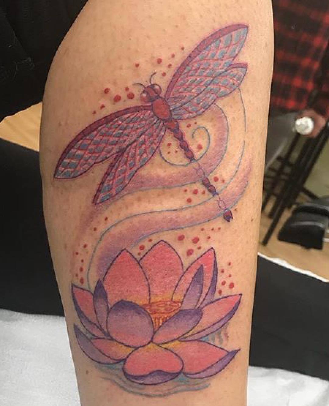 Colorful Traditional Lotus Flower With Butterfly And Dragonfly Tattoo On  Girl Upper Back