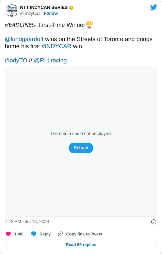 𝘏𝘌𝘈𝘋𝘓𝘐𝘕𝘌𝘚: First-Time Winner🏆@lundgaardoff wins on the Streets of Toronto and brings home his first #INDYCAR win.#IndyTO // @RLLracing pic.twitter.com/EFoC4e1s1Z  — NTT INDYCAR SERIES (@IndyCar) July 16, 2023