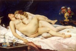 secretlesbians:  Gustave Courbet, Le Sommeil,1866. Le Sommeil [The Sleepers], which depicts two women entwined in a post-coital embrace, caused a stir when it was first shown in the 1870s. The police were called in, and the painting was not shown again