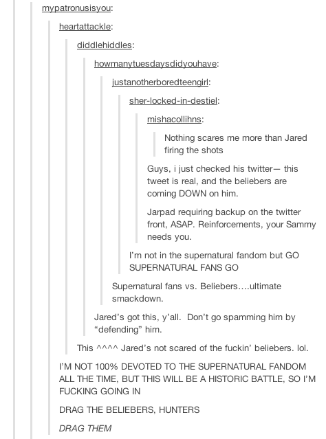 frecklesrex:  Fandom’s Reaction to the Bieber fandom threats 3/? Favourite Supernatural Tumblr Posts 