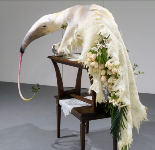 my-kelde:Emily Jan. Apologue 1: Anteater, 2016.wool, reed, silicone, resin, hog gut, found greenery,