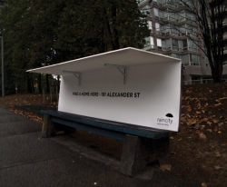 thesociologicalcinema:  [top] Homeless benches in Vancouver can be transformed into a temporary shelter, with a roof, and contained a message with contact information for Raincity — a non-profit which attempts to provide housing for people living with