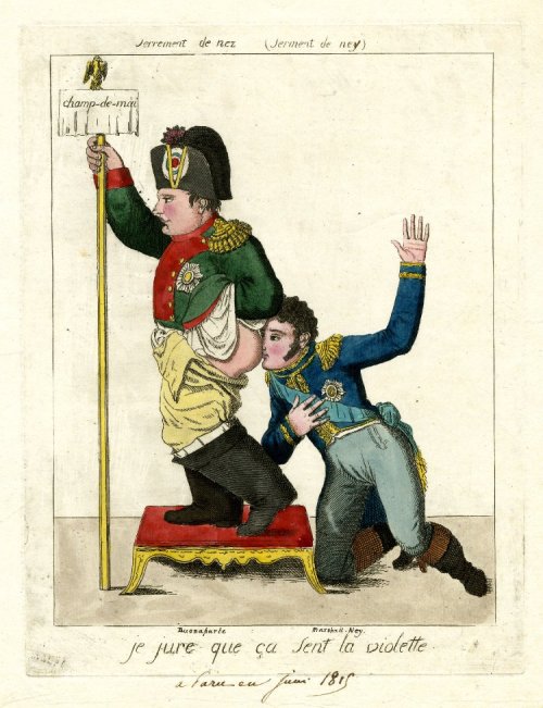 peashooter85:A Napoleonic era political cartoon depicting Marshal Ney kissing Napoleon Bonaparte’s b