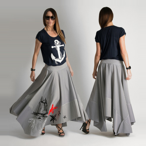 Marine Summer skirt, Long womens skirt, Asymmetrical Long Skirt from cotton with stamp design by EUG