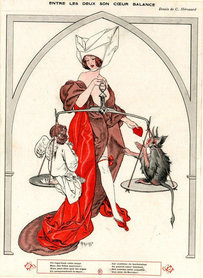 Chéri Hérouard (1881-1961), ‘Entre les deux son coeur balance’ (Between the Two Her Heart Balance’) from “La Vie Parisienne”, 1913
Source