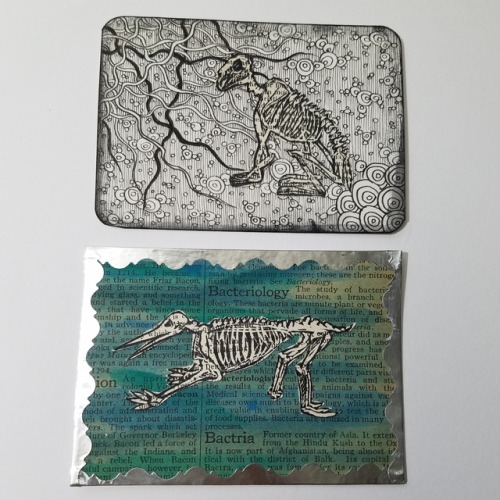 A few mixed media art cards using my relief printed/hand carved stamp skeletons.