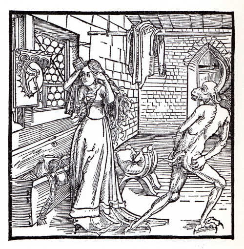 medievalengravings: A vain woman looks for herself in the mirror and sees a devil’s anus inste