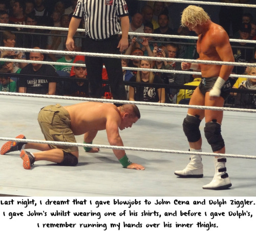 wrestlingssexconfessions:  Last night, I dreamt that I gave blowjobs to John Cena and Dolph Ziggler. I gave John’s whilst wearing one of his shirts, and before I gave Dolph’s, I remember running my hands over his inner thighs.  Nothing hotter than