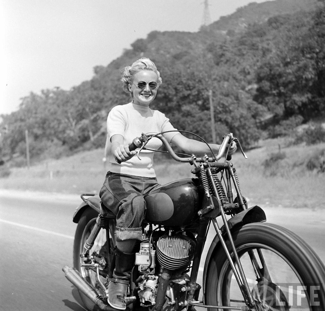 mansfieldtime:  Blonde girl from the 50’s riding a bobber. 