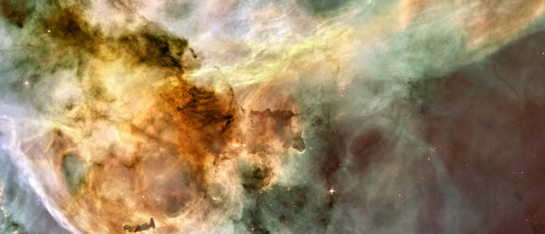 lordofthesvdandlonely:     carina nebula, about 8000 light years away, 50 light years long in this false colour image. bright star in second panel is about 100-150 times the mass of the sun.  