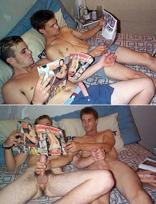 Found dad’s porno mags, jacking off with a buddy.