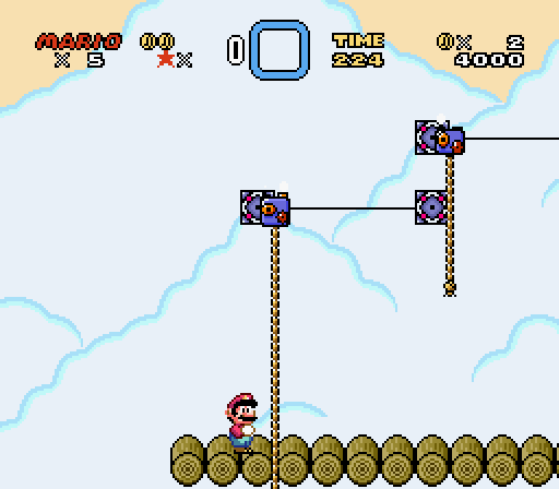 suppermariobroth:  In Super Mario World, getting onto this rope in Cheese Bridge Area and then climbing down will cause Mario to slide along the ground with the rope. In addition, the rope exhibits a continuous pull to realign Mario with itself unless