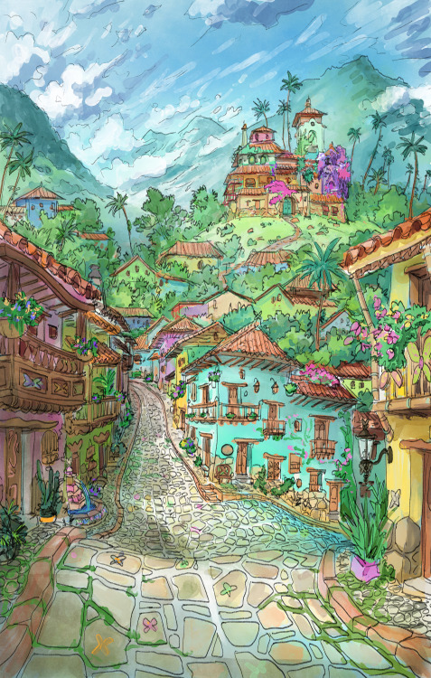 scottwatanabe: Some visdev for the town of Encanto where the Madrigals live. And a very early concep