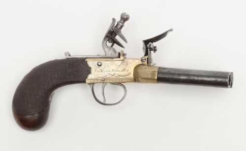 An original English flintlock duckfoot pistol, 18th century.  Signed “Tickers-Chester”.S