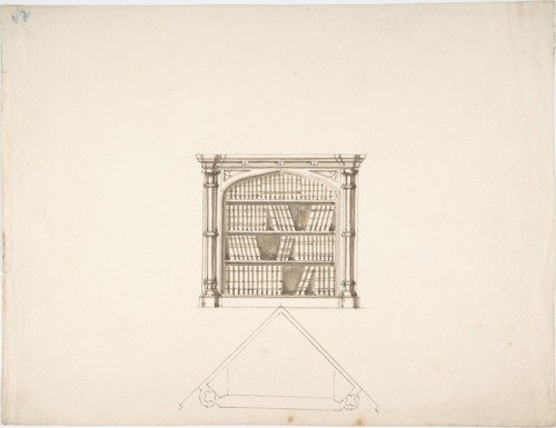 met-drawings-prints: Design for a Gothic Style Corner Book Cabinet: Elevation and Plan by Anonymous,