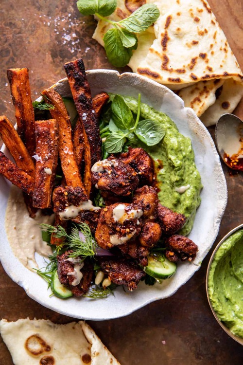 Sheet pan lemon chicken with sweet potato and avocado goddess sauce