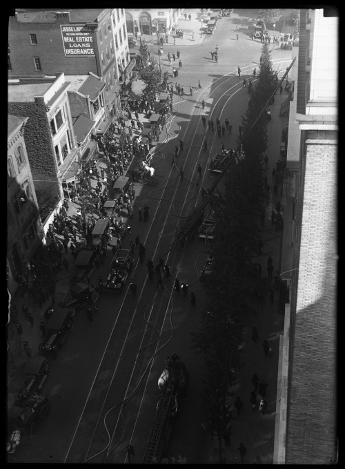 1915-1923. “View of firetrucks and equipment on street from rooftop. Washington, D.C." Ha