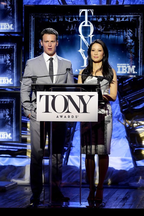 elementarystan:Jonathan Groff & Lucy Liu at the 2014 Tony Awards Nominations Ceremony (Apr 29)
