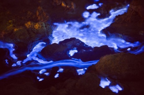 The volcano, Kawah Ijen on the eastern edge of Java, erupts electric blue molten sulfur.  Original G