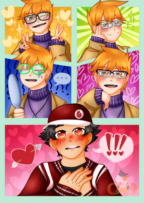 calilico:  We have a gift exchange among friends and I got the chance to be @ventifacts’ Secret Santa!I decided to draw glasses Green for Sky, and I added one heartstruck Red too, because I know Green would be so in love with his fashionable boyfriend