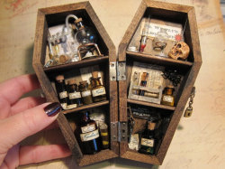 nudiemuse:  gothhipster:  undertakertalbot:  Mad scientist laboratory in a miniature coffin.  Amazing craft idea!  That is so cool.  i want this for my kid
