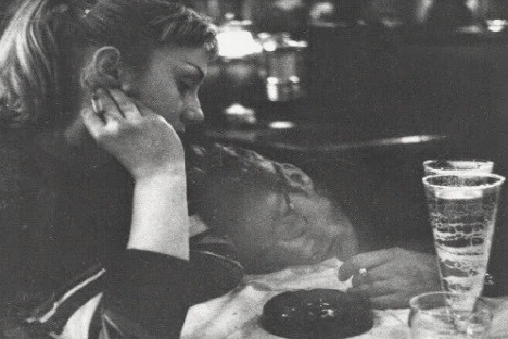 summers-in-hollywood:James Dean (playing drunk) and former girlfriend Jeanette Doty at the popular nightclub Ciro’s, 1950s.  Photo by Dennis Stock