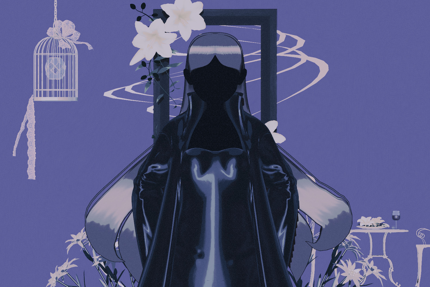 Silhouette of Jasmine with her hands in the pockets of her jacket. Behind her are flowers, a table for two with a wine glass on top, and a brown frame that draws attention to her head. To the left is a hanging cage with a lantern inside.
