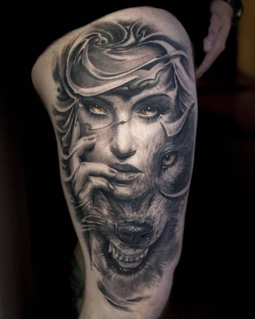 Black and grey woman and wolf tattoo on the right... - Official Tumblr page  for Tattoofilter for Men and Women