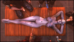 foab30:  Time to Relax Can I request something with Liara laying down full length (one with her on her back, one with her on her stomach, viewed from above) hands behind her head (as if relaxing) with the male crew cocks lined up to the left and right,