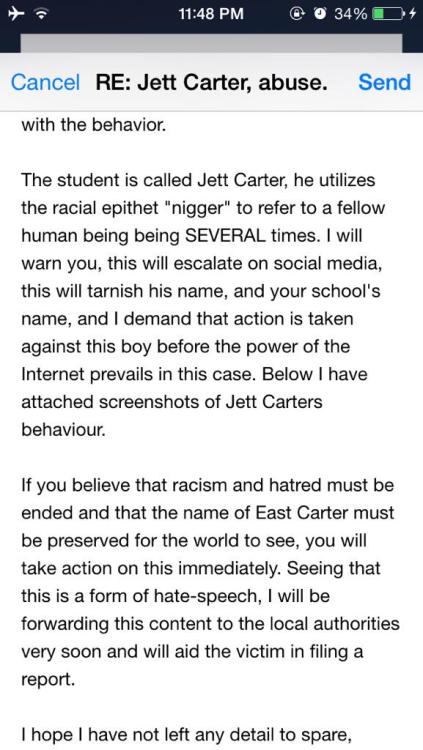 not-so-bitterbritters:  chicmedschool:  godgazi:  So this mayo stain cave savage is harassing black students via Twitter and calling them the N-word. The school has decided not to do anything about it and he went back to harassing black students online.