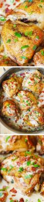stephanie3261:  Read More About Pan-fried chicken thighs in a creamy bacon sauce with a touch of lemon! Quick and easy recipe for skin-on, bone-in chicken thighs….