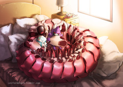 gokuma:  uniformshark:  Commission for Qweety His adorable character Waiterpede napping with cute plushies C:   oooh