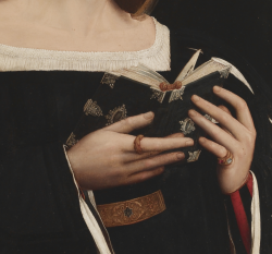 karrova:Female Saint Holding a Book (detail)