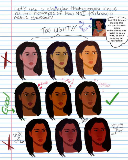 omeradyn:justintimberflakes:iidrils:How I draw skin Part 2: DON”T DRAW NATIVE PEOPLE WITH RED SKIN!!