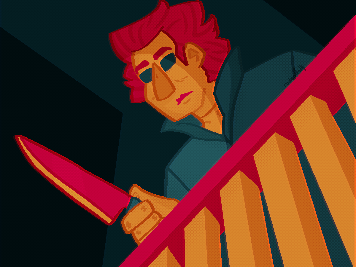 It is a redraw of a scene from Halloween (1978). The antagonist, Michael Myers, is peering over a staircase holding a kitchen knife in his hand. The redraw has a limited colour palette of red, yellow, and dark turquoise.