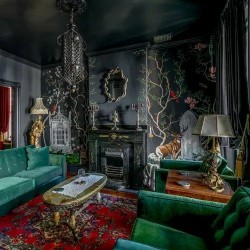 sasukesplug:sasukesplug:peak interior design to me is maximalism with dark green or black walls bitches watch howls moving castle once and make this their whole lifestyle 