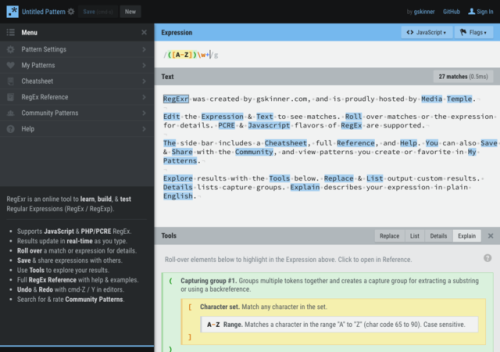 RegExr RegExr is an online tool to learn, build, &amp; test Regular Expressions (RegEx / RegExp).(vi