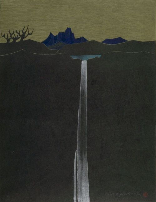 iamjapanese:KANAMORI Yoshio（金守世士夫 Japanese, b.1922）Lake and Mountain  湖山　Woodblock print; ink and co