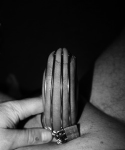 sextoytester:  Dennis wearing his chastity and sounding himself