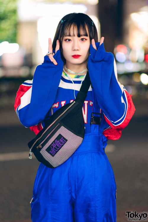 Japanese teens Mai and Saya wearing colorful fun styles on the street in Harajuku with items from Ke