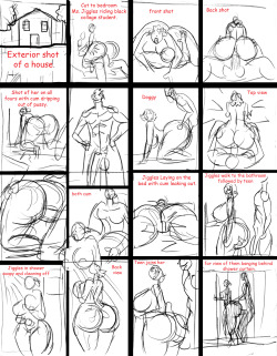 Storyboard sketches from Mrs. Jiggles 3d