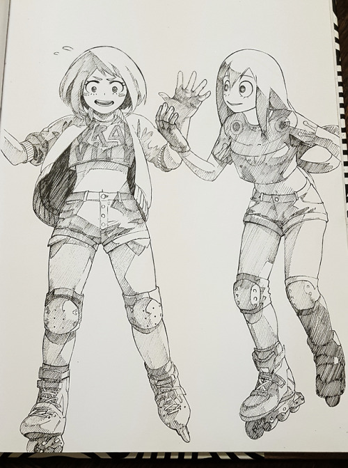 Inktober Day 24, with Uraraka Ochako and Tsuyu Asui, inline skating.”Ochako-chan, lets hold hands.” 