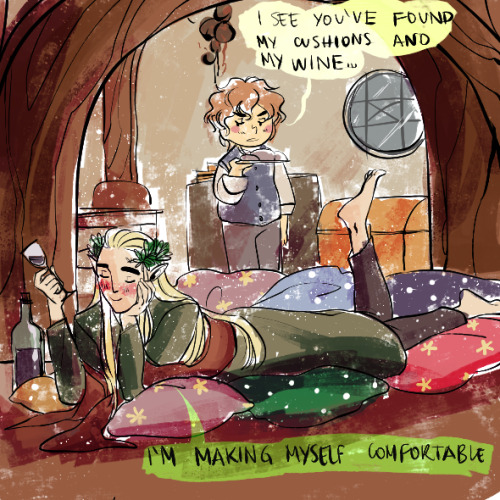 tosquinha:Thranduil visiting Bilbo in the Shire, being a too comfortable guest and an emotional