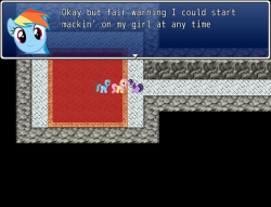 kitsclop:   ponett:  exclusive preview of the really dumb game i’m making to experiment with rpg maker  Why was I not informed of this? Want so much. Insert simile about Pinkie, her love of sugar and “candy vag” here. On a side note, does RPG maker