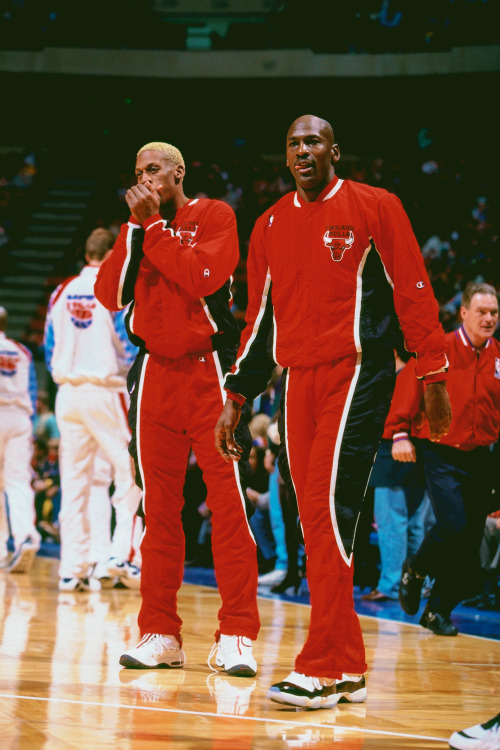  Dennis Rodman & Michael Jordan photographed by Noren Trotman while warming up before playing th