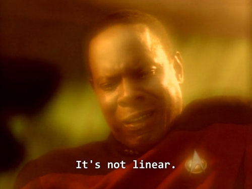 yesimgaythanks:dantooiine:when the first episode of deep space nine has sisko explaining linear time